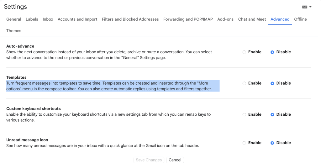 Gmail template functie aanzetten in instellingen voor snellere mails